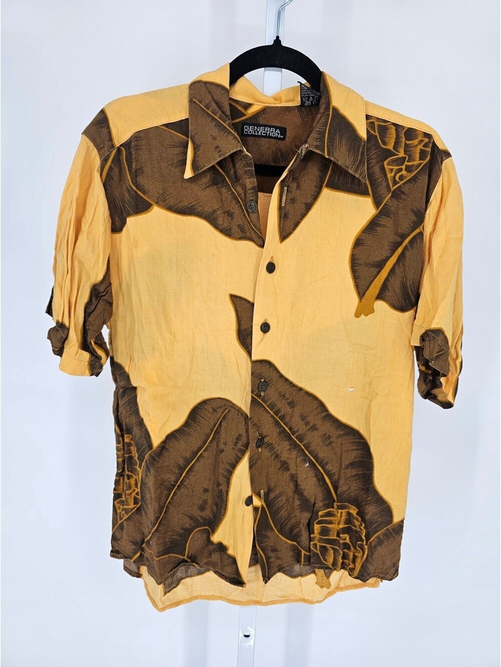 Vtg Generra Collection mens Sz S Short Sleeve Camp Shirt Brown Yellow Palm Print